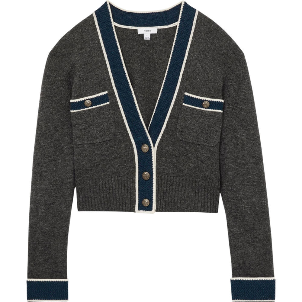 REISS ELOISE Wool Cashmere Tipped V Neck Cardigan